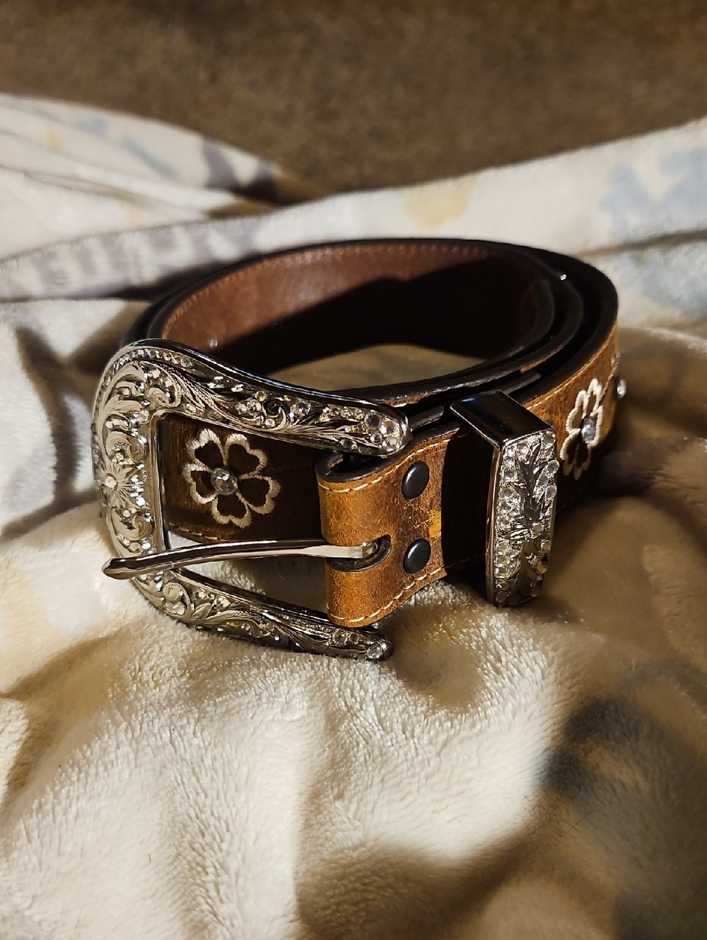 Ariat Brown Leather Floral Western Belt with Silver Engraved Buckle